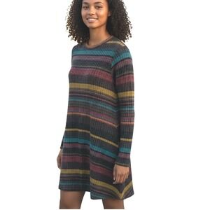 Elan Striped Sweater‎ Dress Swing Style Long Sleeve Multicolor Pockets-Casual